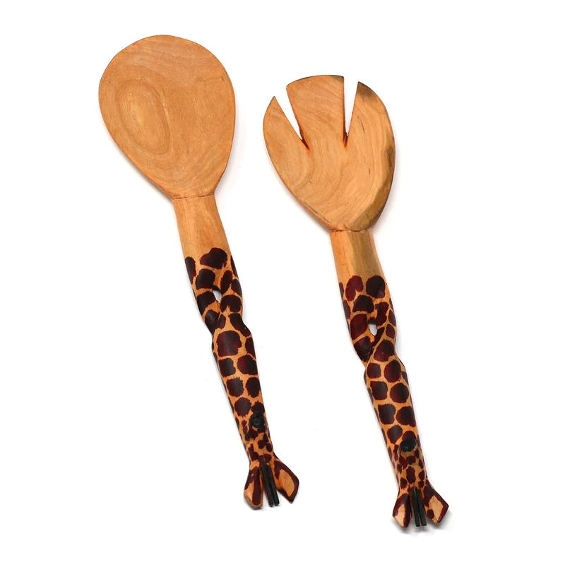 Carved Giraffe Serving Spoons Set made from renewable Mhugu wood