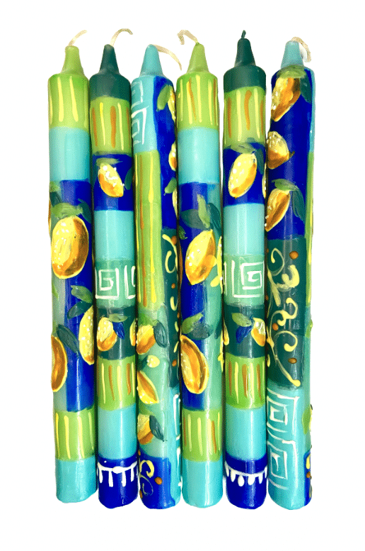 hand painted colorful shabbat candles made in the USA featuring culturally inspired patterns.
