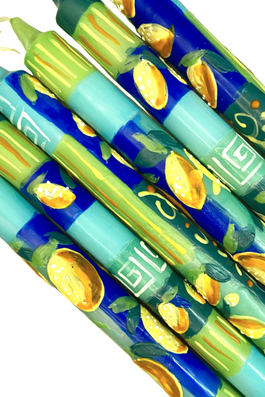 hand painted colorful shabbat candles made in the USA featuring culturally inspired patterns.